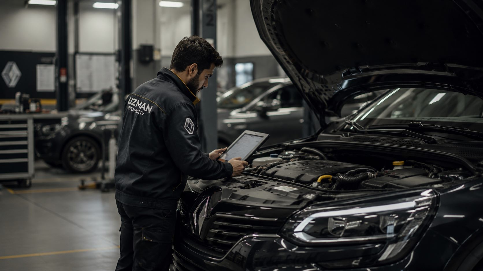 Uzman Otomotiv teknisyeni tablet ile araç kontrolü yapıyor